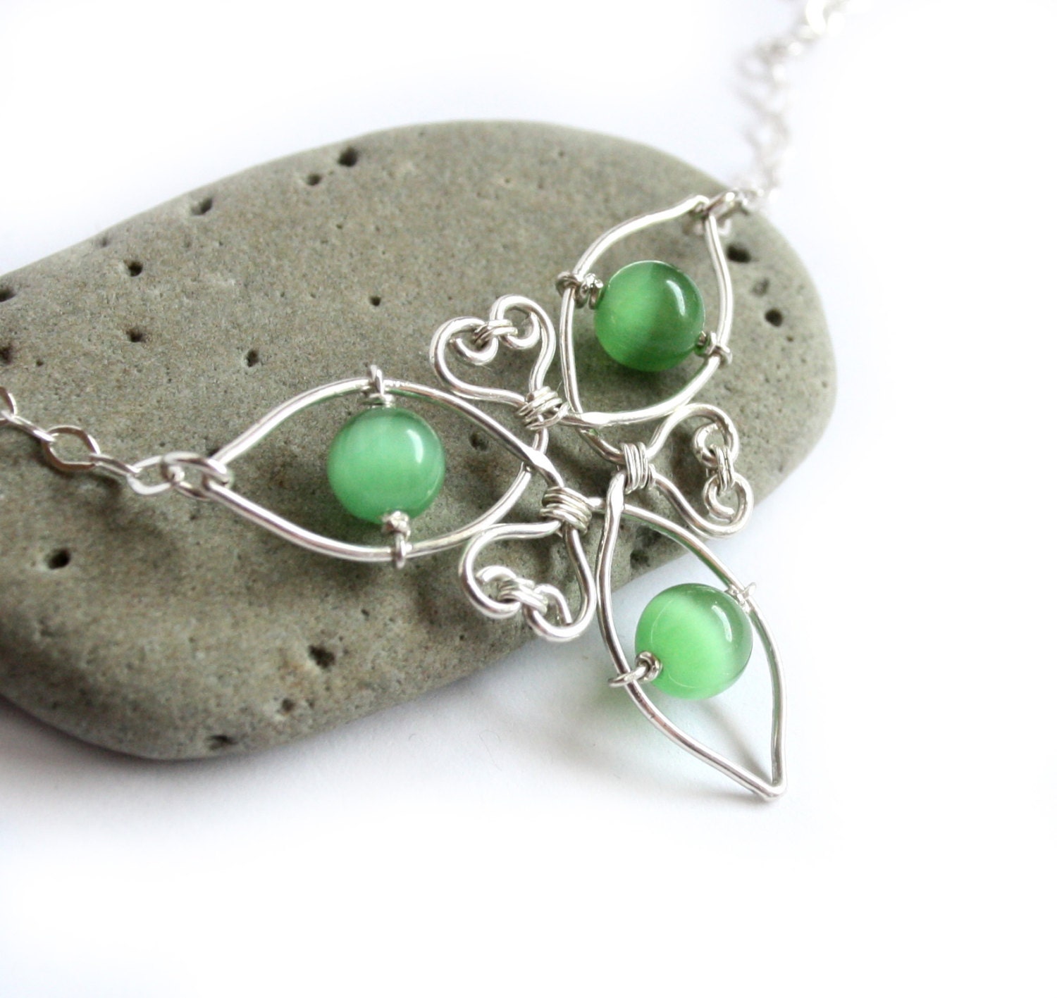 Celtic Triquetra Knot Necklace - Silver Wire Wrapped and Cat's Eye Glass Bead - CHOICE OF COLOR - Irish Jewelry Trinity Knot Symbol