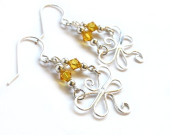Swirly Dragonfly Earrings - Sterling Silver Filled and Golden Yellow Swarovski Crystals - Spring Summer Butterfly Jewelry
