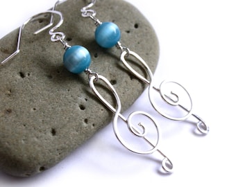 Treble Clef Earrings - Sterling Silver and CHOICE of Cat's Eye Glass Bead Color -  Note Piano Musical Jewelry