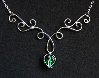 Elven Grace Necklace - Sterling Silver Filled and Green Glass Heart - Wire Wrapped - Irish Celtic - Spring Jewelry