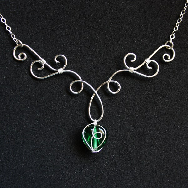 Elven Grace Necklace - Sterling Silver Filled and Green Glass Heart - Wire Wrapped - Irish Celtic - Spring Jewelry
