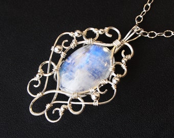 Rainbow Moonstone Pendant Necklace - Sterling Silver Wire Wrapped Stunning Blue Flash - Elizabeth