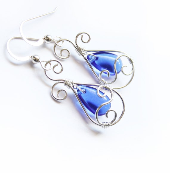 Royal Blue Teardrop Swirl Earrings Rich Blue Pear Glass Etsy 0459