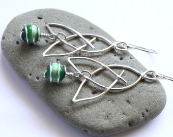 Celtic Knot Earrings - Silver Wire Wrapped and Rich Green Cats Eye Stone - Elven, Trinity Knot