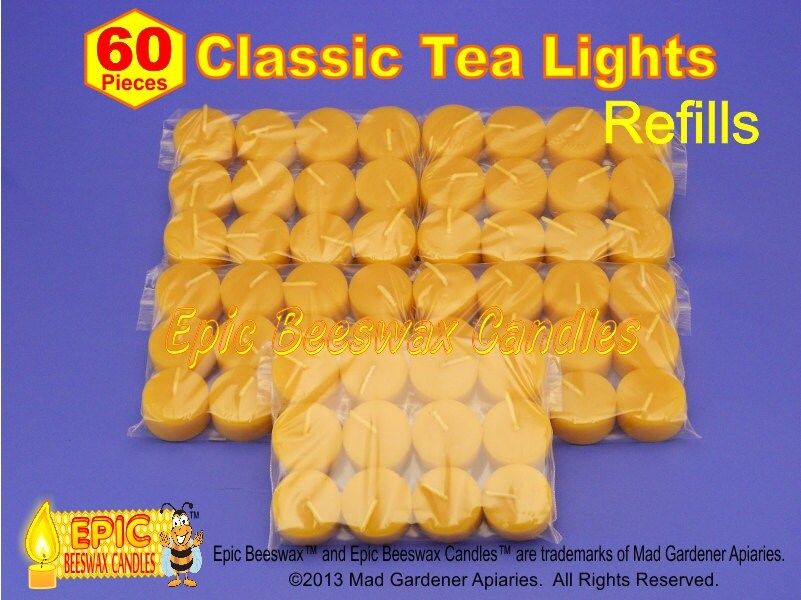 Set of 60 Beeswax Tea Lights, Bulk Beeswax Tea Light Refills