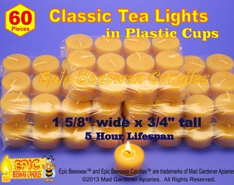 Pure Beeswax Tea Lights in Plastic Cups, 60 Beeswax Tea Light Candles, Event Candles For Weddings, Bee Wax Tea Light Candles