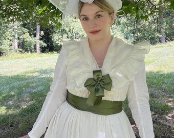 1790s Embroidered Ivory Cotton Gown: Regency Era Dress