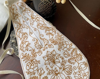 Single  18th Century Embroidered Linen Pocket /Stitched in Gold Wool