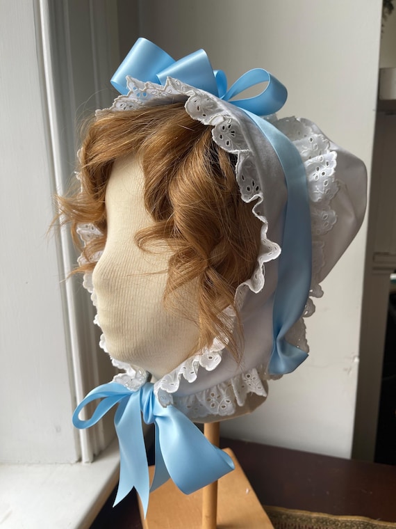 White Eyelet  Bonnet with Blue Ribbon NEW White Pintucked Bonnet with Eyelet Trim and Blue Satin  main image 4