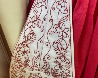 Pair of 18th Century Embroidered Linen Pockets /Stitched in Dark Red Wool -  #0014