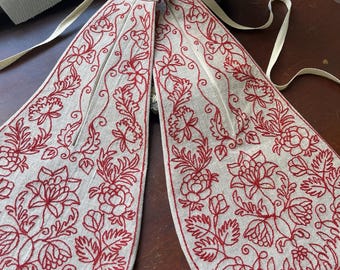 Pair of  18th Century Embroidered Linen Pocket /Stitched in Dark Red Wool - #0012