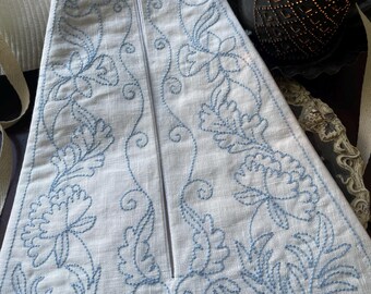 Large Single  18th Century Embroidered Linen Pocket /Stitched in Light Blue Wool