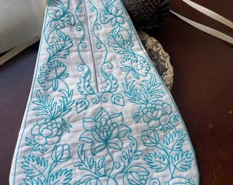 Large Single 18th Century Embroidered Linen Pocket /Stitched in turquoise  Wool