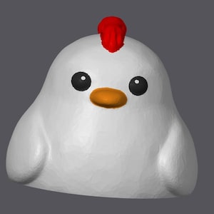 May include: A cartoon chicken in white with a red comb and orange beak. The chicken has black eyes and a rounded body. The image is set against a grey background, giving the chicken a 3D appearance.