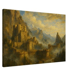 May include: A canvas print of a medieval castle nestled in a mountain range. The artwork features a detailed depiction of the castle's stone walls, towers, and arched gateways. The color palette includes shades of gold, brown, and blue, creating a vintage aesthetic.