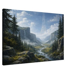 Peut inclure: Impression sur toile d'un paysage de vallée avec une rivière sinueuse. Des falaises et des arbres à feuilles persistantes encadrent la scène sous un ciel nuageux. Une grande structure en forme d'anneau est visible en arrière-plan.