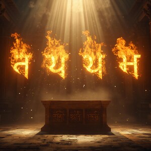 Può includere: Un altare in pietra si trova in una sala buia con colonne, con luce che scende dall'alto. Quattro simboli fiammeggianti e luminosi fluttuano sopra l'altare, proiettando una luce arancione e gialla sulle ombre dell'architettura in pietra.