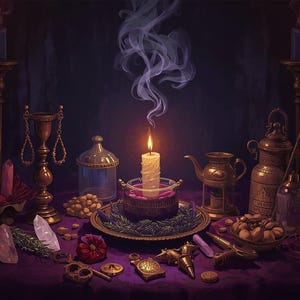 May include: A central lit candle with rising smoke sits on a dark purple cloth surrounded by brass candlesticks, a glass jar, a small teapot, a metal container, bowls of nuts, various crystals, metallic trinkets, and a coiled red string.