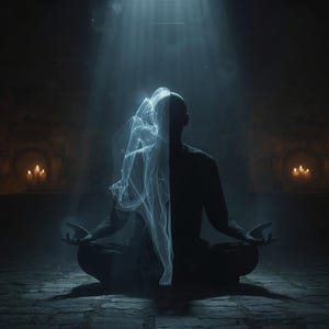 May include: A silhouette of a person sitting in a cross-legged meditation pose. One half of the figure is solid black, whilst the other half is a translucent, glowing white ethereal form. A beam of light shines down from above in a dark space.