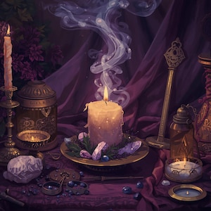 May include: A central lit pillar candle on a plate with purple crystals and smoke, surrounded by brass candle holders, glass jars, small bowls, and scattered dark blue beads, all set against a draped deep purple fabric background.
