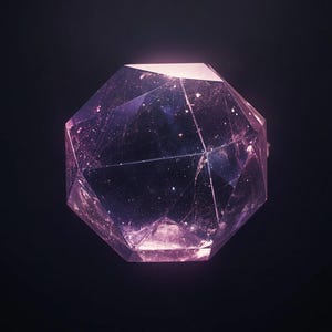 May include: A multifaceted, translucent purple gemstone with a geometric, polyhedral shape. The crystal features sharp, angular edges and internal inclusions that catch the light, creating a glowing, deep violet appearance against a dark background.