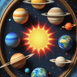 Può includere: Una cornice circolare color oro contenente un'illustrazione stilizzata del sistema solare. Un sole giallo brillante si trova al centro, circondato da vari pianeti con anelli e superfici strutturate, su uno sfondo blu scuro con piccole stelle.