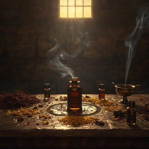 May include: An amber glass apothecary bottle emitting wisps of smoke, surrounded by smaller glass vials, a metallic bowl with rising smoke, and scattered dried herbs and botanical elements on a dark, textured stone surface.