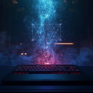 May include: A black laptop keyboard with red backlit keys sits in the foreground. Above the keyboard, a vibrant digital projection displays a glowing blue and purple geometric pattern with intricate lines, nodes, and swirling smoke-like effects.