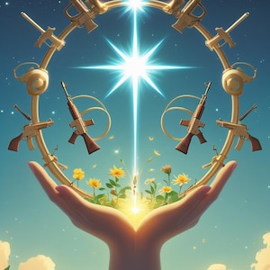May include: A digital artwork shows hands holding a garden of yellow flowers, with a bright light at the center. Golden gun-shaped objects encircle the hands, set against a blue sky with stars and fluffy white clouds, creating a surreal scene.