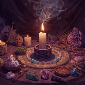 May include: A central white candle with rising smoke sits in a circular holder surrounded by a ring of small crystals. The scene includes various bowls, scattered purple and green crystals, a tall candle holder, and small carved wooden objects.