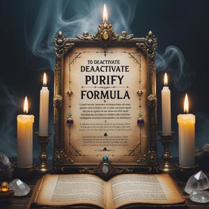 Puede incluir: Un libro abierto con un documento enmarcado en oro que dice "TO DEACTIVATE, DEAACTIVATE, PURIFY, FORMULA". Velas encendidas rodean el libro y el documento, con cristales y humo en el fondo. La escena tiene un tema místico.