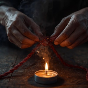 Può includere: Una corda intrecciata rossa tenuta sopra una piccola candela accesa. La corda viene tirata, creando piccole braci incandescenti e volute di fumo mentre le fibre si separano a causa del calore della fiamma su una superficie scura e ruvida.