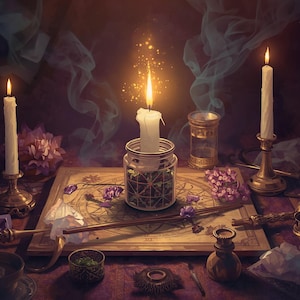 May include: A central white candle in a glass jar sits on a square board with geometric markings, surrounded by two tall white candles in brass holders, scattered purple flowers, small bowls, and a wooden wand on a dark purple surface.