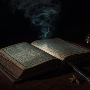 May include: An open antique book with aged, yellowed pages featuring dense black printed text. A thin wisp of white smoke rises from the center of the open pages. A dark fountain pen with a metallic nib rests beside the book on a dark surface.