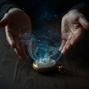 May include: A gold-toned pocket watch resting on a dark surface, emitting a swirling, ethereal blue light and sparkling particles that rise upward in a circular motion, with a classic white clock face featuring black Roman numerals and hands.