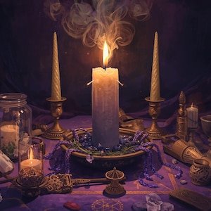 May include: A central lit pillar candle with rising smoke sits in a bowl surrounded by blue stones and purple cords. Two tall taper candles in gold holders flank the center. Additional items include a glass jar, small candles, and metal objects.