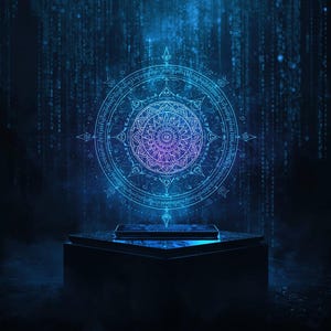 May include: A glowing blue digital projection of a circular mandala pattern with intricate geometric lines and symbols, hovering above a dark rectangular base against a backdrop of vertical cascading binary code data streams in shades of blue.