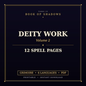 May include: A dark navy blue digital document cover featuring gold text that reads TOMO IV BOOK OF SHADOWS, DEITY WORK Volume 2, 12 SPELL PAGES, and GRIMOIRE 6 LANGUAGES PDF. The design includes a thin gold border and decorative diamond accents.