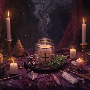 May include: A central glass jar candle featuring a black cross design emits wisps of smoke, surrounded by several lit pillar candles in brass holders, a small pumpkin, green herbs, crystals, and various small tools on a deep purple fabric surface.