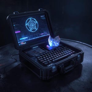Peut inclure: Une mallette noire robuste contenant un ordinateur intégré avec un graphique de pentagramme bleu lumineux sur l'écran. Le clavier est intégré à la base et un cristal bleu translucide et lumineux se trouve à côté de l'écran. Le texte HAGIT est visible.