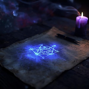 Könnte beinhalten: Ein Stück gealtertes, verwittertes Pergamentpapier mit einem leuchtend blauen geometrischen Sternsymbol. Ein schwarzer Füllfederhalter liegt in der Nähe, und eine violette Stumpenkerze mit brennender Flamme stößt im Dunkeln eine dünne Rauchfahne aus.