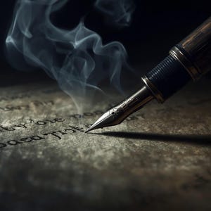 May include: A metallic fountain pen with a dark, textured barrel and a silver-toned nib resting on a weathered, dark parchment surface. Wisps of white smoke rise from the point where the pen nib makes contact with the paper, creating a dramatic effect.