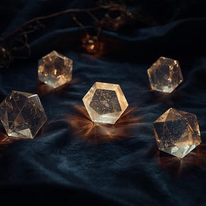 May include: Five translucent, multi-faceted polyhedral dice made of clear resin with embedded gold-toned glitter particles. Each die features sharp geometric edges and a polished finish, reflecting light to create warm, glowing highlights on the surface.