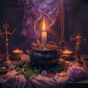 May include: A black cauldron sits centrally, filled with a lit candle emitting purple smoke, surrounded by green foliage, small crystals, and pinecones. Flanking the cauldron are two brass candle holders, two small bowls, and a large purple crystal.