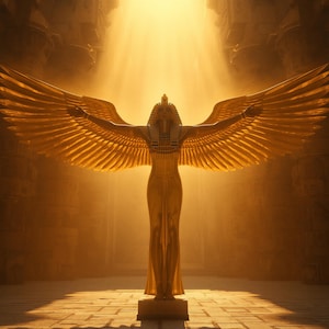 Op de afbeelding: Een gouden standbeeld van een gevleugelde figuur die met uitgestrekte armen in een symmetrische houding staat. De figuur draagt een traditionele hoofdtooi in Egyptische stijl en een lang, vloeiend gewaad. Fel licht schijnt van bovenaf.