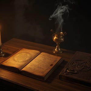 May include: An open book with a geometric star illustration and handwritten text, a closed book with an embossed star symbol, a lit candle in a metal holder, and a brass incense burner emitting smoke, all arranged on a dark wooden surface.