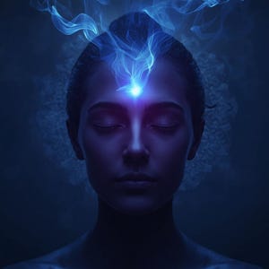 May include: A digital illustration of a person with closed eyes, featuring a glowing, bright blue light emanating from the center of the forehead. Wisps of ethereal blue smoke rise upward from the light against a dark, deep blue background.