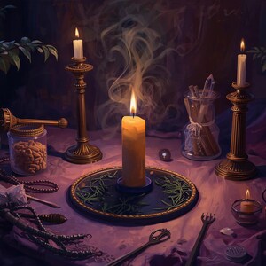 May include: A central yellow pillar candle burns on a dark circular tray surrounded by green sprigs. Two tall brass candlesticks with lit white candles stand on either side, accompanied by glass jars, metal tools, and a small dark sphere.