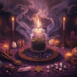 May include: A central glass jar containing green herbs with a lit candle inside, surrounded by multiple taper candles in holders, smaller votive candles, various clear crystals, a star-shaped metal charm, and a dark purple cloth surface.