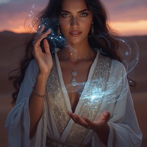 Può includere: Un caftano bianco con ricami dorati lungo lo scollo e la vita, indossato con una collana con ciondolo in argento a forma di goccia, orecchini pendenti in argento e un braccialetto di perline, mentre una luce blu vortica attorno alle mani.